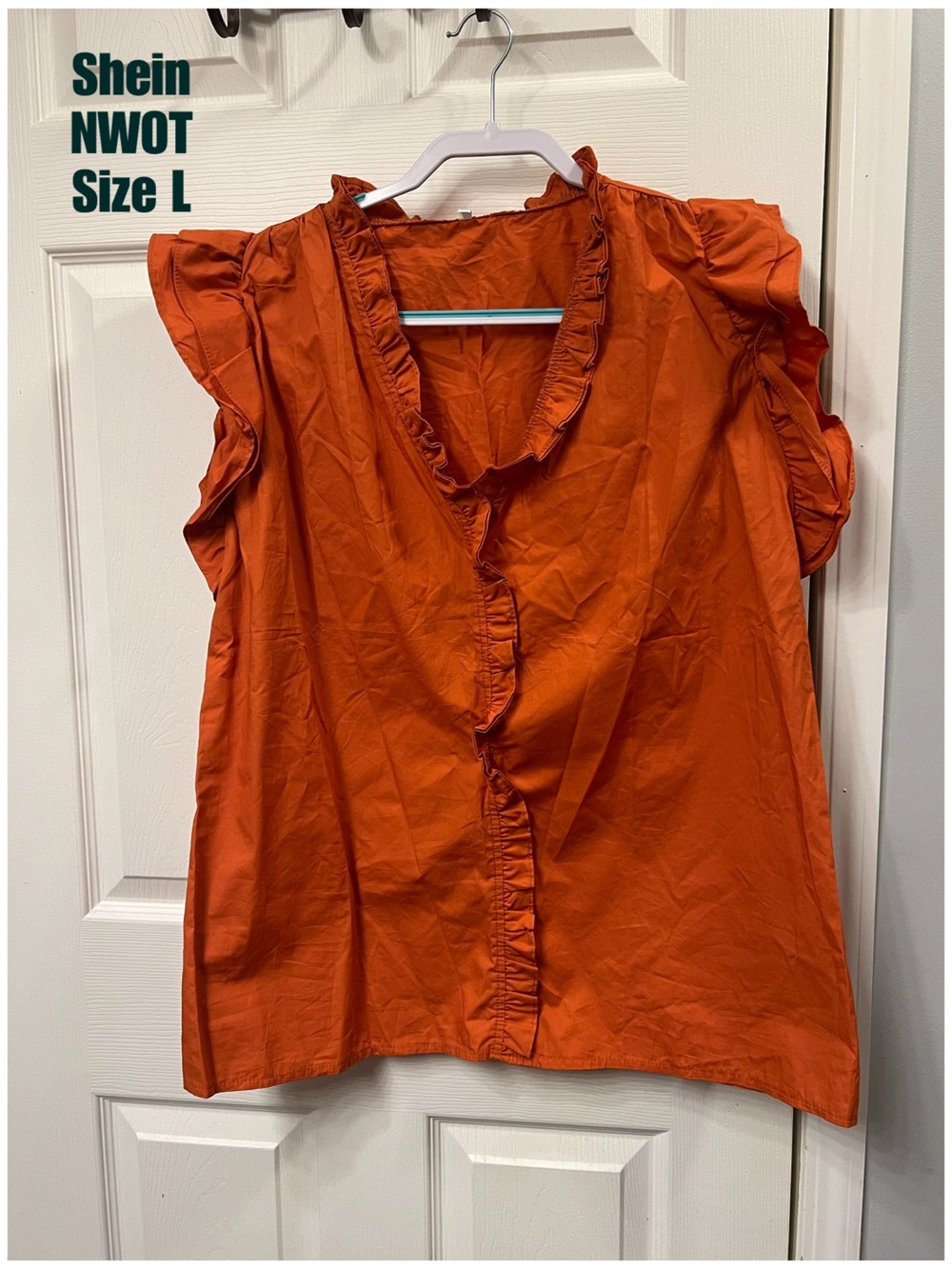 SHEIN Orange Ruffle V-Neck Flutter Sleeve Blouse